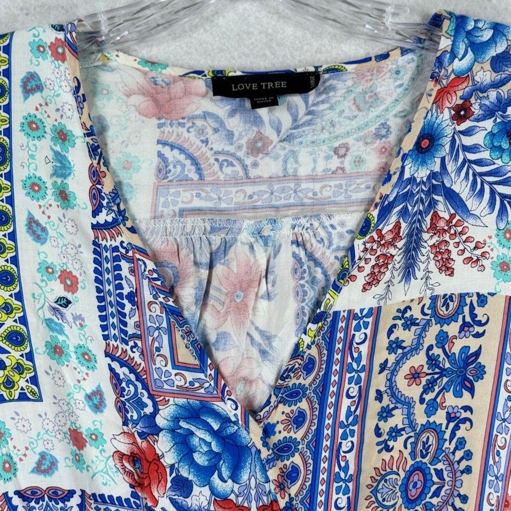 Love Tree Boho Patchwork Paisley Romper Blue Red V-Neck‎ Large - Picture 2 of 9